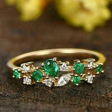 2 Ct Pear Cut Lab Created Green Emerald Wedding Band Ring 14k Yellow Gold Plated