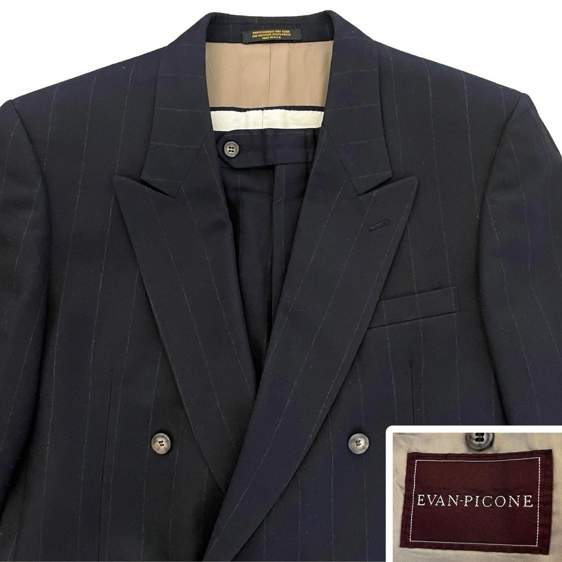 VTG Evan Picone Suit 41R 34W Double Breasted Peak Navy Flann