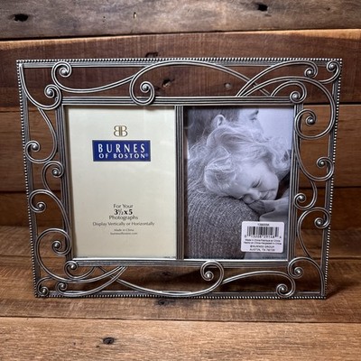 Burnes of Boston Brushed Pewter Filigree 9'' Double Picture Frames Fits 3.5''x5''