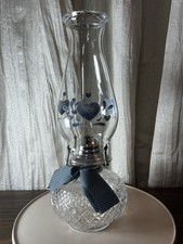 Vintage 1985 Clear Glass Hurricane Oil Lamplight Farms -12.5” Dusty Blue Hearts