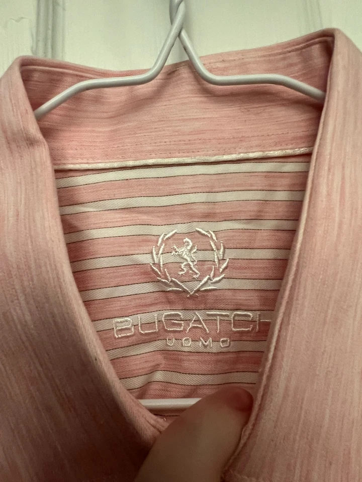 Bugatchi Uomo Button Down Shirt Men's L 16/40 Pink White Striped Long Sleeves - Image 4 of 4