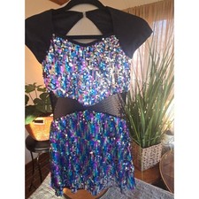 Sequin Dance Costume Performance Dress Mesh Cutout Keyhole Back Blue Purple ASM