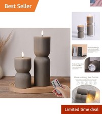 Taupe Ribbed Flameless Pillar Candles with Remote Set of 2