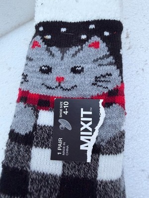 Mixit Slipper Socks Sherpa Lining Cat Face Design Size 4-10