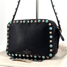 VALENTINO Women Rockstud Turquoise Shoulder bag Leather Black from japan