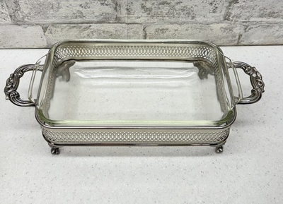 #ad #ad Vintage Fire King Glass Casserole Dish In Decorative Silver Plate Serving Tray $29.99