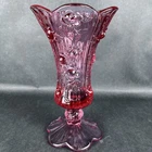 VTG Fenton Cabbage Rose Footed Vase Pink Dusty Rose Art Glass 8.5" Scalloped EUC
