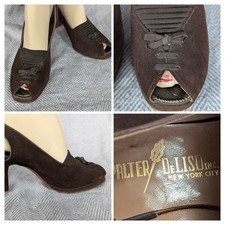 40s Palter DeLiso NYC Platform Peeptoe Slingback Heels 7 AAA Brown Suede Shoes