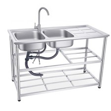 Free Standing Stainless Steel Sink, Double Bowl Commercial Kitchen Sink