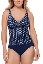 Swim Solutions Women's Printed Tummy-Control One-Piece Swimsuit, Navy Blue 12