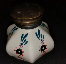 Old French Paris Style Ink Well Hand Painted Porcelain w/ Insert Ribbed Bulbus