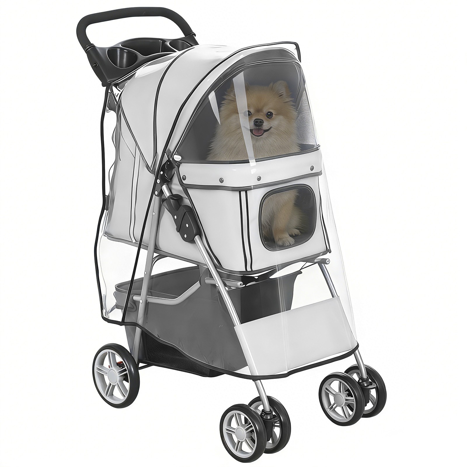 PawHut Passeggino Pieghevole per Cani con Copertura Antipioggia e Cuscino Grigio