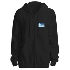 Greece Flag Black Full-zip Hoodie Printed on Left Chest