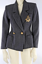 Vintage 80s Anne Klein Gray Wool Fitted Blazer Tassel Embroidery Women Size 2