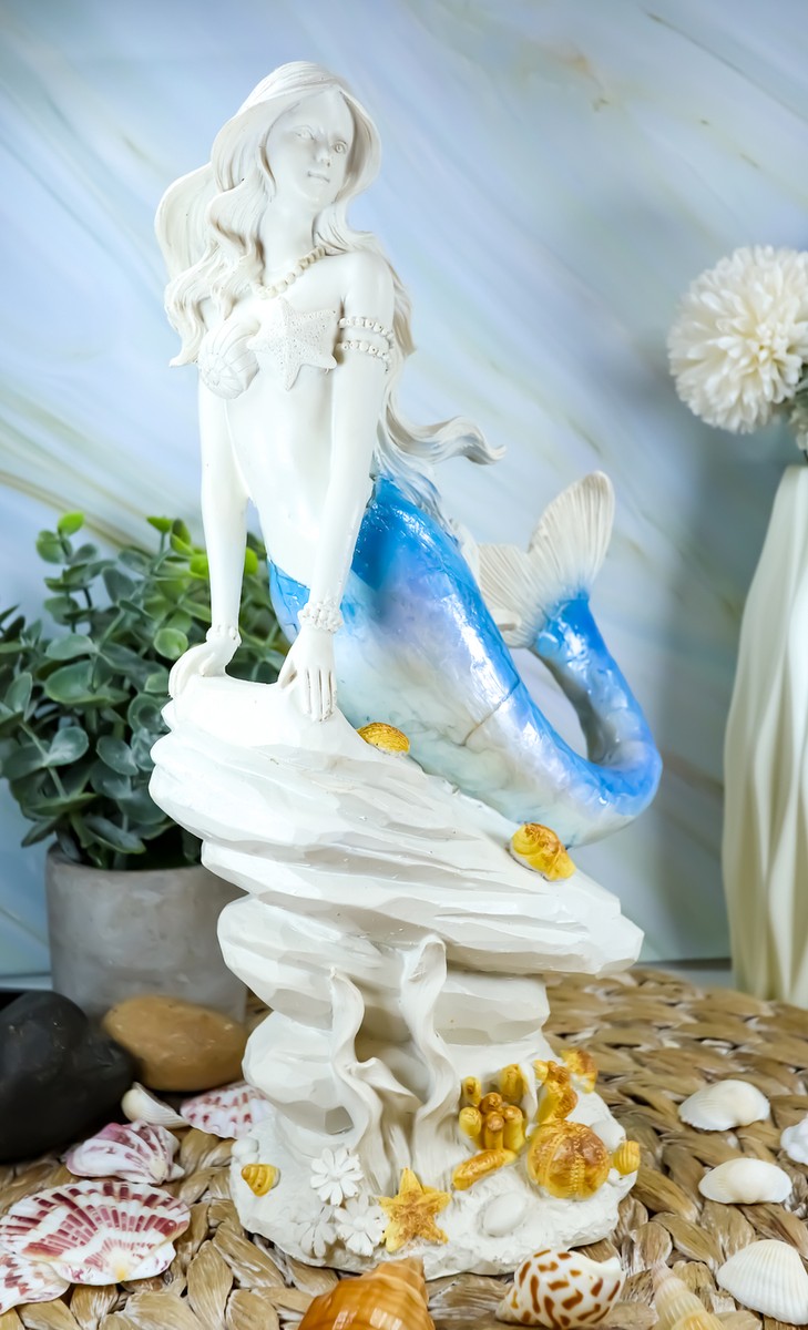 Ebros Capiz Blue Ombre Tail Mermaid Leaning On Rock By Sea Coral