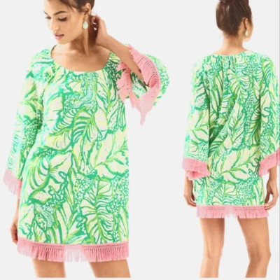 NWT LILLY PULITZER Getaway Coverup Toucan Green Coco Loca Sz S Pink Fringe Fun