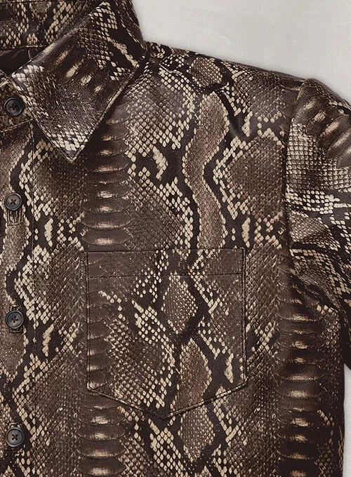 Classic Men's Dark Brown Python Leather Shirt Real Lambskin Custom Made Shirt - Image 3 of 4