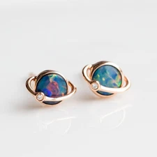 Earth and Moon Design Australian Doublet Opal & Diamond Stud Earrings 14K Rose