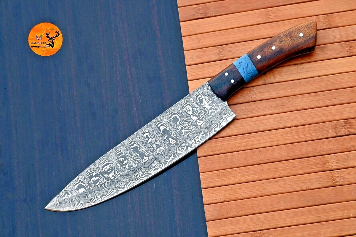 Hand Forged Damascus Chef Knife Colored wood engraved