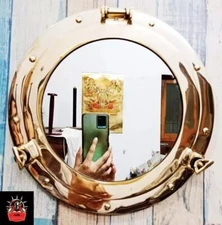 Maritime Gold Finish Ship Window Wall Mirror 17" Canal Boat Porthole Mirror Gift