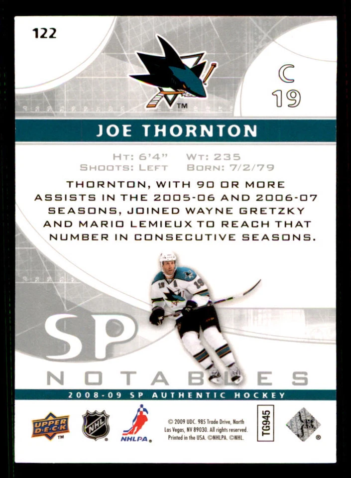 2008-09 SP Authentic #122 Joe Thornton N /999 - Image 2 of 2