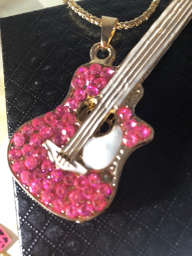 Betsey Johnson Necklace Guitar Gold Crystal Pink Rock N Roll Gift Box - Picture 2 of 12
