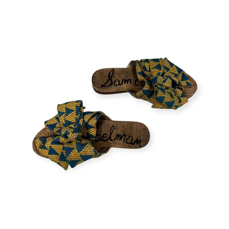 Sandalias de corcho Sam Edelman con lazo azul amarillo estampado talla 9 Foto 4 de 4