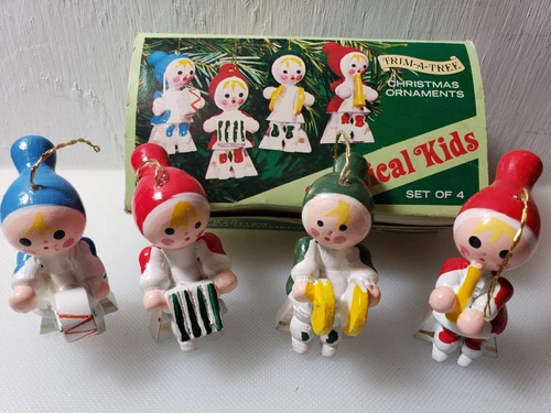 Vintage Box Of Christmas Ornaments Musical Kids Wood Hand Painted Set 4 Taiwan