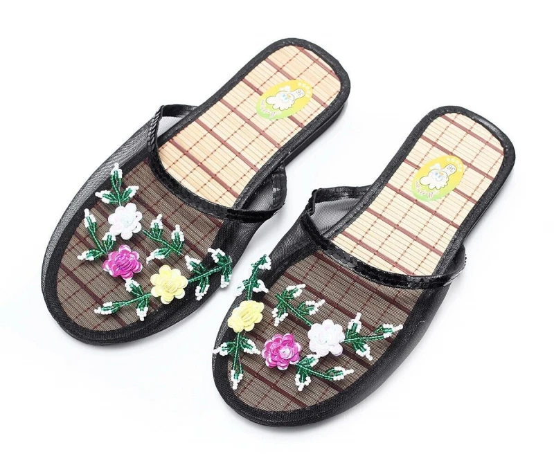 Mujeres Chinas Malla Floral Zapatillas Deslizables Planas Chanclas Mocasines Mules Foto 3 de 4