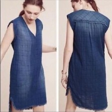 Anthropologie Cloth & Stone Quilted Frayed 100% Cotton Denim Dress Size Small