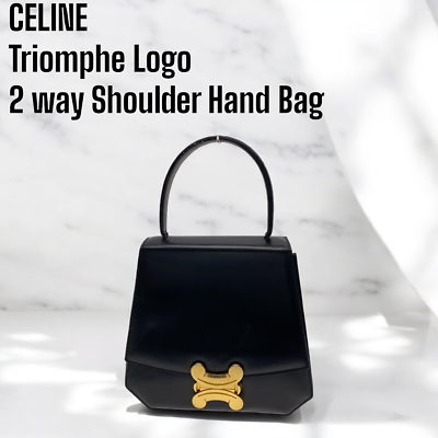 Authentic CELINE Triomphe Logo Shoulder Hand Bag Leather Black