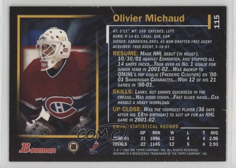 2001-02 Bowman YoungStars Olivier Michaud #115 Rookie RC - Image 2 of 2