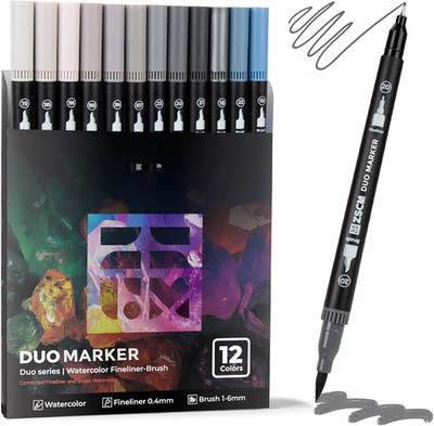 Gray Duo Tip Marker Pens, 12 Pack Fine & Brush Markers for Adult Coloring Books