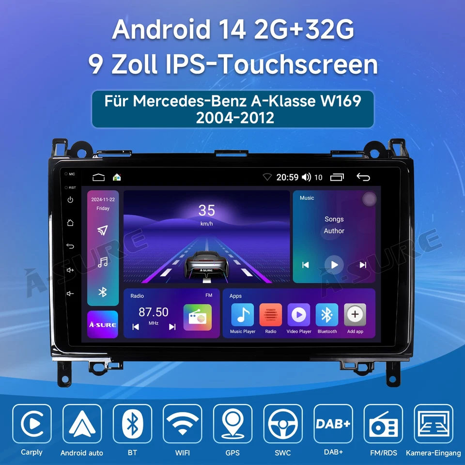 2+32G Android 14 CarPlay Autoradio Für Mercedes Benz A/B-Klasse W169 W245 W639 - Bild 2 von 4