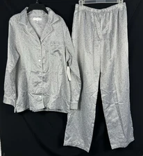 Carole Hochman Pajama Set Size Medium Gray Satin Geometric Print 2 Piece NEW