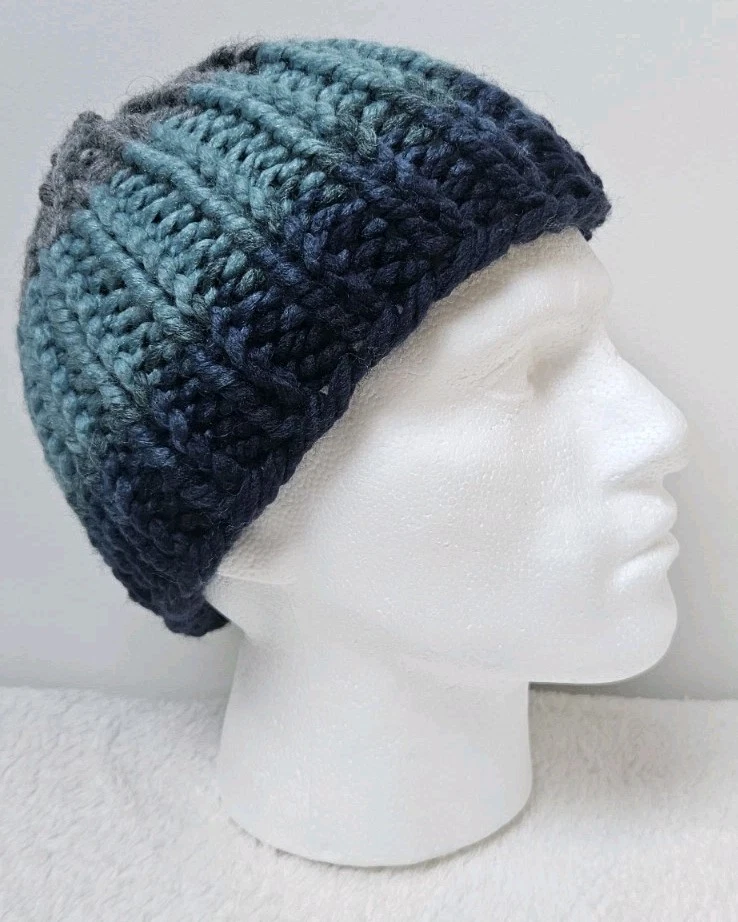 Men's Blue Ombre Beanie Hand- Knitted Winter Hat One Size 100% Acrylic