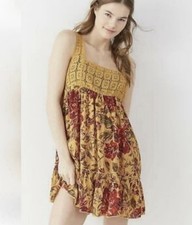 Urban Outfitters Mustard Floral Crochet Flowy Mini Dress Size Med Boho Cottage