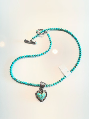 Sterling Silver Turquoise Beaded Necklace w/ Heart Pendant | 925 | Toggle Clasp