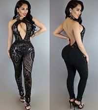 SALES Black Sequin Sleeveless Halterneck Cut Out Front Jumpsuit UK Size 12