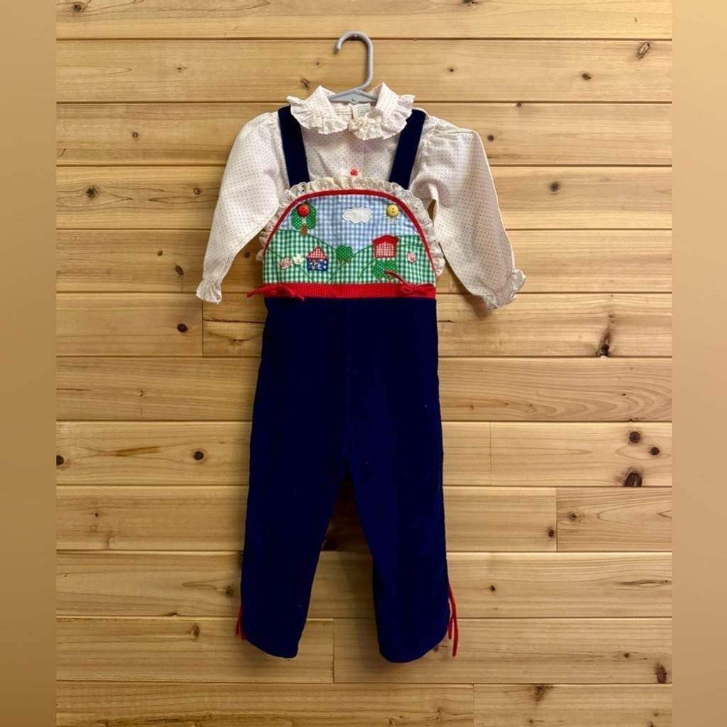Vintage Girl 2T Farm Cottagecore Embroidered Corduroy Overall Ruffle Top Set