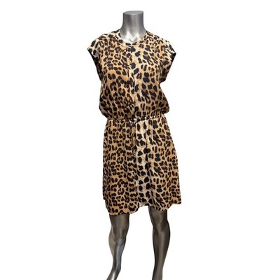 DR2 Leopard Print Cap Sleeve Mini Dress Tan Brown Black Small Split Neck