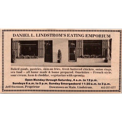 Daniel L. Lindstrom's Eating Emporium Jeff Swenson 1979 Dalles Ad SAJ3-4
