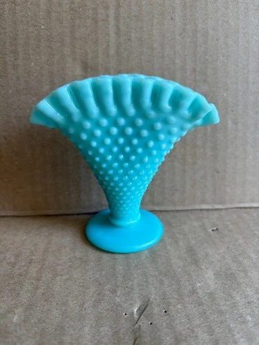 FENTON Light Blue Hobnail Milk Glass Miniature Fan Vase