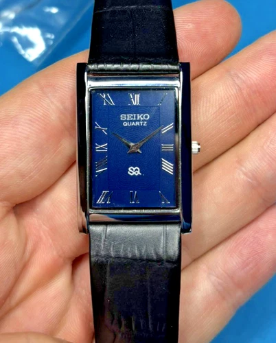 Vintage Seiko Slim Tank Quartz Blue Dial Black Leather Strap