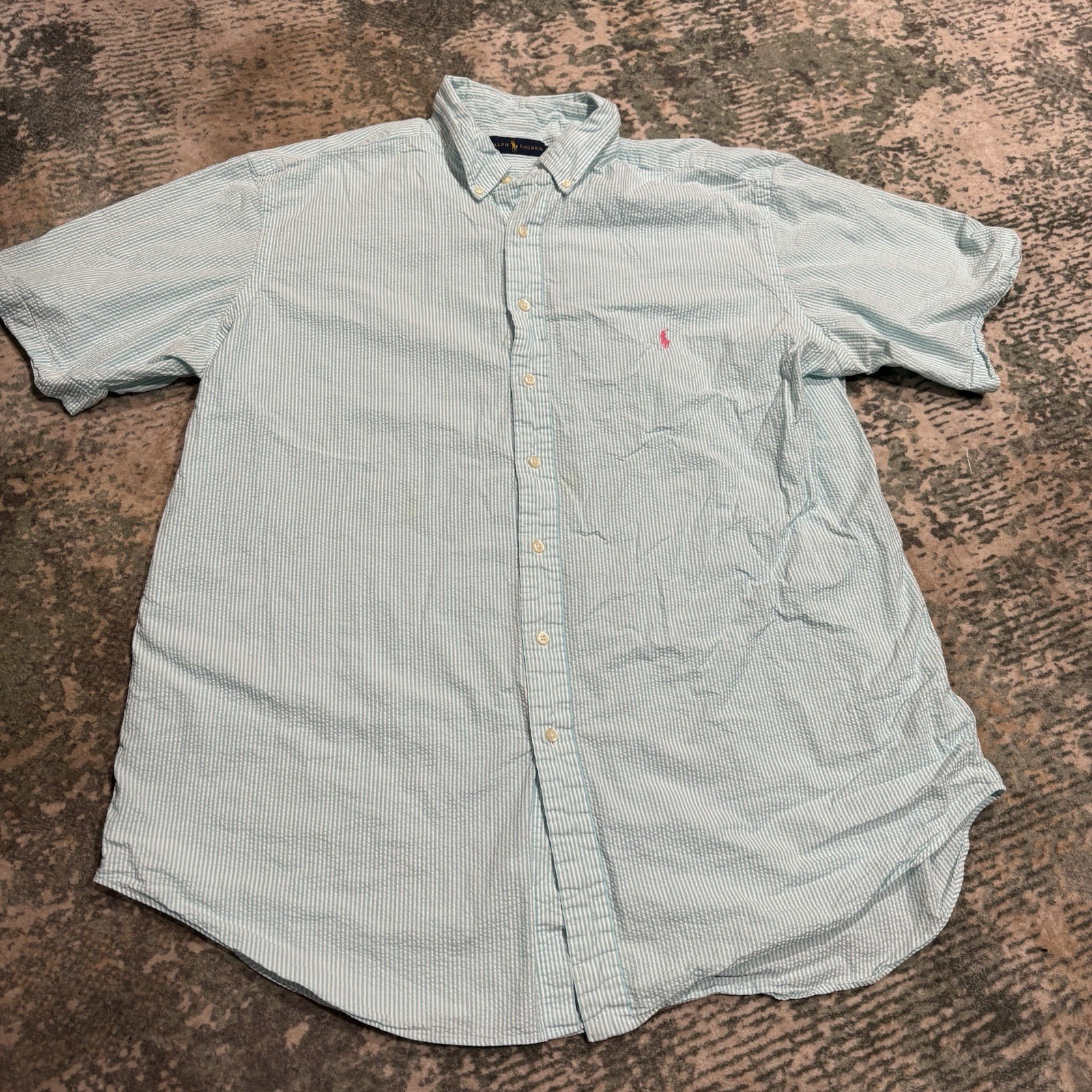 Ralph Lauren Mens Seersucker Short Sleeve Button Down Shirt Teal White 2XL Flaws