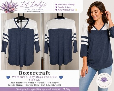 Boxercraft Women's Glory Days Tri-Blend Tee XL Blue White Varsity Stripe V-Neck