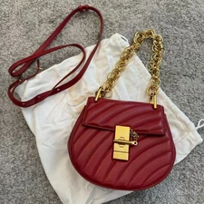 Chloé Tess Small Quilted Leather Shoulder Bag Red with Gold Chain Strap