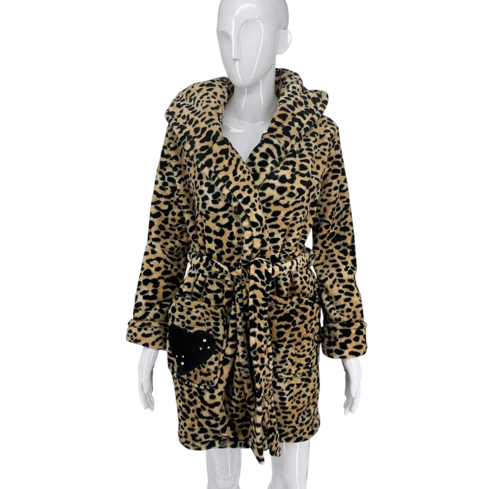 Betsey Johnson Sz XS/S Leopard Print Fluffy Fleece Hooded Shorty Robe Bathrobe - Image 4 of 4