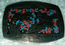 VINTAGE  CHROME AND turquoise BELT BUCKLE ANIMALS 1980 HUNTING
