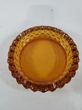 Round Ashtray Amber Glass 6.5 In Hobnail and Fluted Pattern 